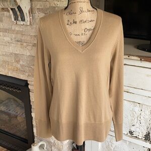 Victor Alfaro 100% wool tan classic v-neck sweater buttons at wrist